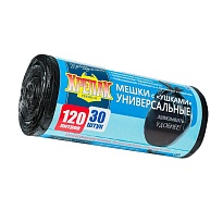 Мешки для мусора 120 л, с ушками, черные, в рулоне 30 шт., ПНД, 15 мкм, 1100х700 мм, Крепак, 4607075710375 в Миассе